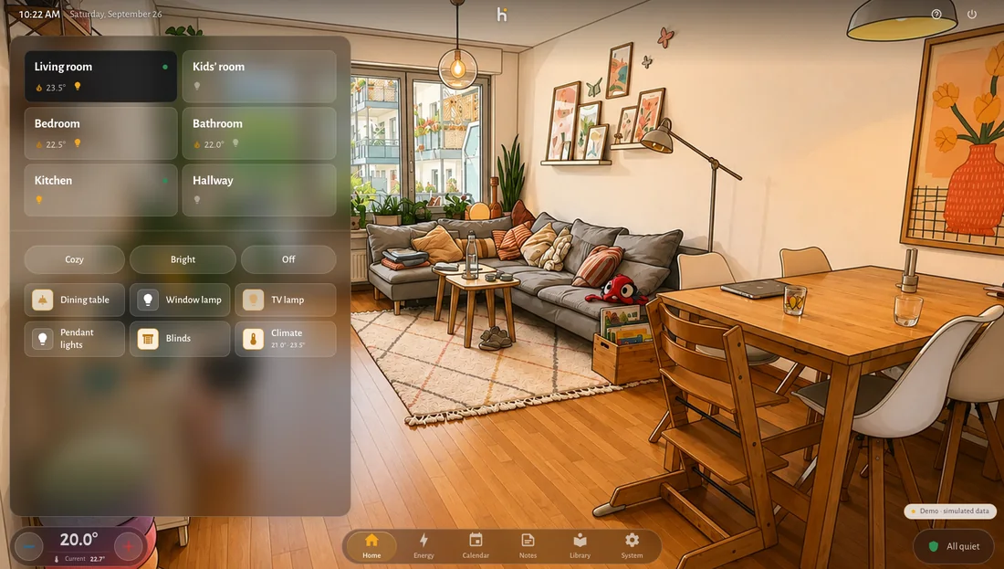 The real hauser interface: an illustrated living room with room navigation and lighting controls.