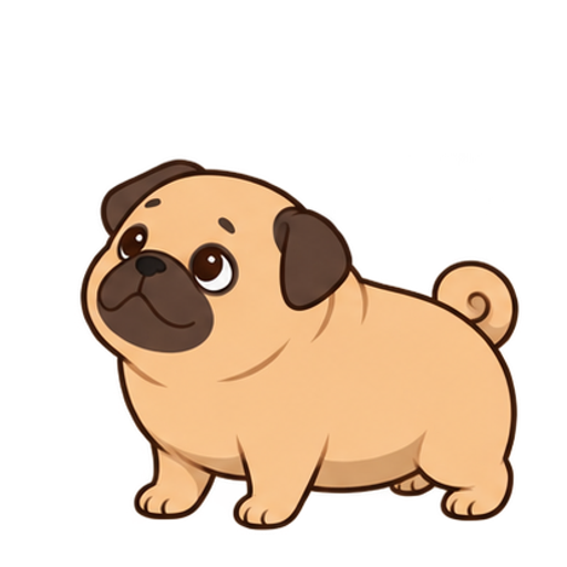 Kurt, the small fawn pug, looking up with his curled tail and paws on the line.