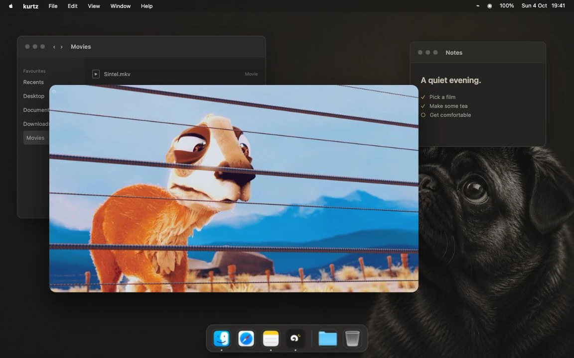 The current kurtz Mac beta playing Caminandes on a staged desktop.